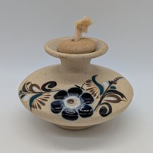 Mexican Tonala Pottery Tan Blue Floral Oil Lamp